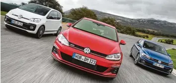  ?? Foto: Volkswagen AG ?? Von der schnellen Truppe: die Volkswagen GTI Familie mit (von links) Up!, Golf und Polo.