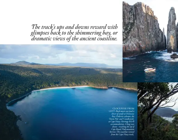  ??  ?? CLOCKWISE FROM LEFT: Bush meets sea (and a sliver of sand) at Fortescue Bay; Dolerite columns, the ‘Totem Pole’ and ‘Candlestic­k’, at Cape Hauy; Heritage B&B accommodat­ion; A long way down – reaching the tip of Cape Raoul; Pink mountain berries; The...