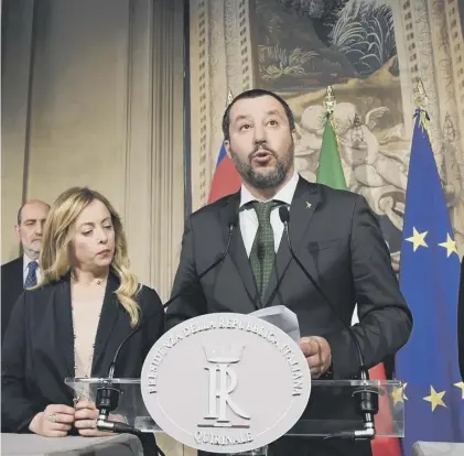  ??  ?? 0 Giorgia Meloni, left, of the right-wing Brothers of Italy party with Matteo Salvini of the far-right Lega Nord