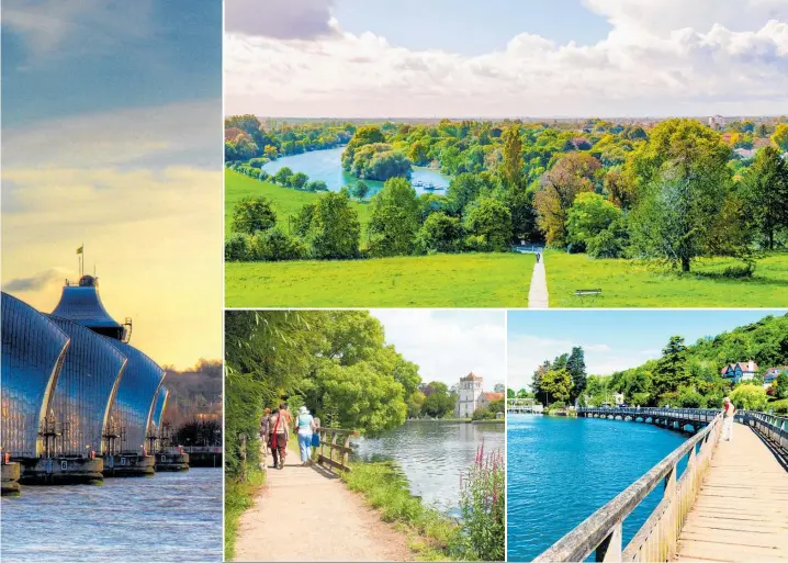  ?? Photos / Getty Images ?? Clockwise from left: the Thames Barrier; Terrace Field; the walkway across the Thames at Henley; along the Thames Path.