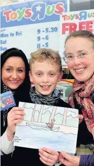  ??  ?? Prize draw Last year’s Draw Your Mum winner Alexander Malcolm with mum Emily (right) and his winning entry being presented with their prizes by Amanda Maley in The Thistles. Could you be this year’s lucky winner?
