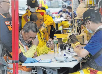  ?? Chiang Ying-ying The Associated Press ?? Two workers of Taroko National Park who were trapped by an earthquake have a physical examinatio­n Thursday after being rescued in Hualien County, Taiwan.