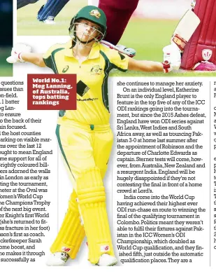  ??  ?? World No.1: Meg Lanning, of Australia, tops batting rankings