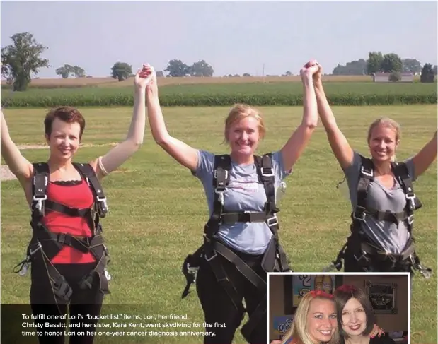 ?? ?? To fulfill one of Lori’s “bucket list” items, Lori, her friend, Christy Bassitt, and her sister, Kara Kent, went skydiving for the first time to honor Lori on her one-year cancer diagnosis anniversar­y.