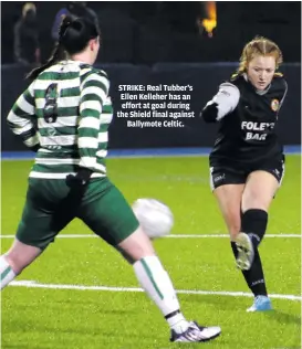  ?? ?? STRIKE: Real Tubber’s Ellen Kelleher has an effort at goal during the Shield final against Ballymote Celtic.
The number of goals scored by Ellen Kelleher for Real Tubber in last Friday’s Shield decider.