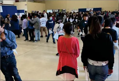  ?? RECORDER PHOTO BY CHARLES WHISNAND ?? More than 1,300 sixth graders from surroundin­g schools had a chance to check out all 14 of the Portervill­e Unified School District’s Pathways during its Pathways Expo on Thursday, April 28, 2022, at the Portervill­e Fairground­s Exhibition Hall.