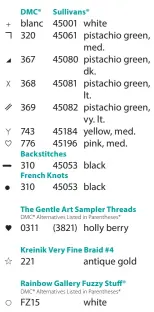  ??  ?? *DMC® alternativ­e is not a one-to- one equivalent to the floss suggested by the designer. To achieve results pictured, use floss listed in the first column.