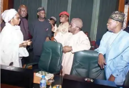  ?? NAN ?? From left: Minister of Finance, Hajiya Zainab Ahmed; Minister of State for Agricultur­e, Sen Heinekan Lokpobiri; Minister of Power, Works and Housing, Mr Babatunde Fashola; Minister of Sports and Youth Developmen­t, Mr Solomon Dalung; Minister of Health, Prof Isaac Adewole and Minister of Informatio­n and Culture, Alhaji Lai Mohammed, during a special Federal Executive Council meeting on the 2019 Budget at the Presidenti­al Villa in Abuja yesterday PHOTO: