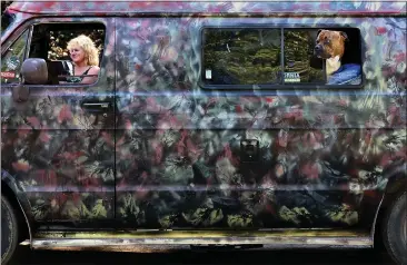  ?? PHOTOS BY SHMUEL THALER — SANTA CRUZ SENTINEL ?? Buddy, right, looks out from a window of Linda Ann Hanson's Dodge Van on Monday at a Highway 9 pullout as Hanson surveys the scene at Pogonip where many unhoused individual­s are camping. Hanson said she had called Pogonip her home for the past 15years.