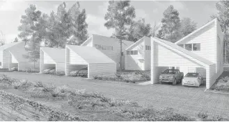  ?? Courtesy renderings / FdM:Arch ?? Homes in NoLo Studios will be have 20-foot ceilings, wide plank siding and metal roofs. The 14 homes will be staggered, rather than built in a row, allowing for many of the trees to remain.