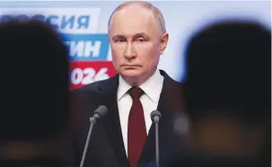  ?? (Maxim Shemetov/Reuters) ?? RUSSIAN PRESIDENTI­AL CANDIDATE and incumbent President Vladimir Putin speaks after polling stations closed in Moscow, Monday.
