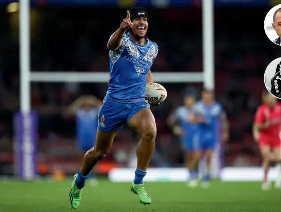  ?? ?? Stephen Crichton celebrates a try for Samoa during their monumental upset Rugby League World Cup semifinal victory against England in London last weekend.