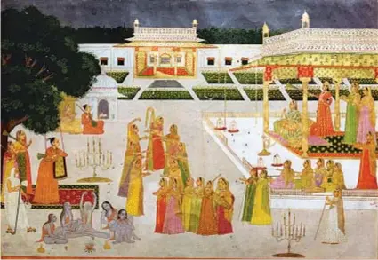  ??  ?? ROYAL RITUALS A Mughal princess and her ladies celebrate Diwali in a palace garden with yogis and yoginis