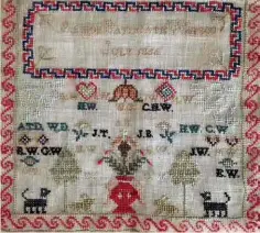  ??  ?? This portion from Alison’s sampler showcases a variety of motifs common to historical Scottish samplers.