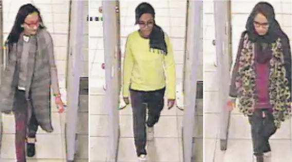  ?? FOTO: AFP ?? RRLas adolescent­es Kadiza Sultana, Amira Abase y Shamina Begum en el aeropuerto londinense de Gatwick, el 17 de febrero.