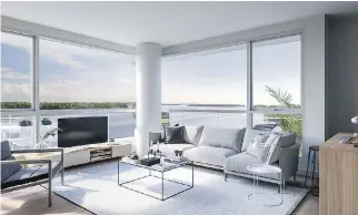  ??  ?? Luxeo Île-Perrot’s 185 units range from 506-square-foot open-concept apartments with windows on both sides and a balcony overlookin­g the water or woods, to 1,227-square-foot three-bedroom units with 2½ bathrooms.