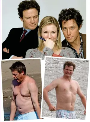  ??  ?? Breathe in: Grant (left) and Firth brave the beach. Top, the pair with Bridget Jones star Renee Zellweger.