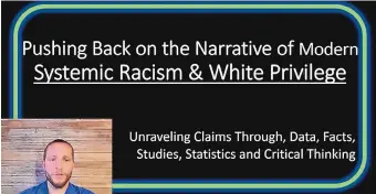  ?? SOURCE: YOUTUBE ?? Casey Petersen, an electrical engineer at Sandia National Laboratori­es, in a screenshot of a video he made and emailed to every employee at Sandia. In the video, Petersen criticizes recent racial sensitivit­y training offered at the labs.