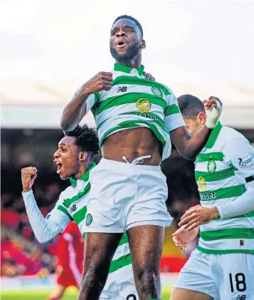  ??  ?? Strike: Celtic’s Odsonne Edouard celebrates after scoring the opening goal against Aberdeen