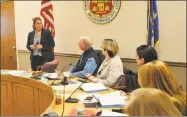  ?? Ben Lambert / Hearst Connecticu­t Media ?? Winsted Superinten­dent Melony Brady-Shanley shares the results of a recent school climate survey with the Board of Education on Tuesday.