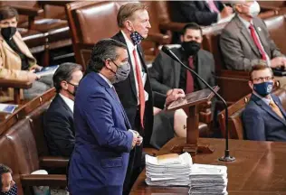  ?? Greg Nash / Associated Press ?? Sen. Ted Cruz, R-texas, seconds the objection to Arizona’s Electoral College certificat­ion from the 2020 presidenti­al election as a joint session of the House and Senate convenes.