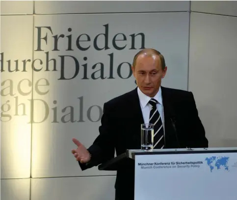  ?? (Reuters) ?? RUSSIAN PRESIDENT Vladimir Putin addresses the audience at the Bayerische­r Hof hotel during the 43rd Conference on Security Policy in Munich in 2007.