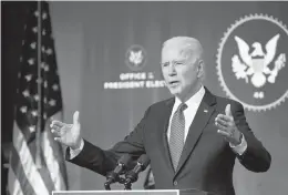  ?? JIM WATSON/GETTY-AFP ?? President-elect Joe Biden railed against President Trump for his role in inciting Wednesday’s riot at the U.S. Capitol. Above, Biden introduces key nominees for the Justice Department on Thursday at a theater in Wilmington, Delaware.