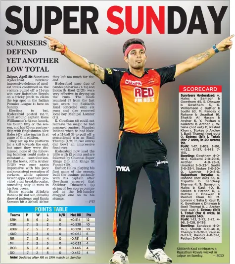  ?? — BCCI ?? Siddarth Kaul celebrates a Rajasthan Royals wicket in Jaipur on Sunday.