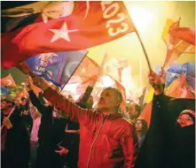  ?? ?? Supporters of Turkish President Recep Tayyip Erdogan celebrate his victory in Istanbul, on Sunday. According to the writer, Erdogan’s entourage wanted the win more than himself, ‘not because he disregards the benefits of staying in control but because he does not see himself as only a politician anymore.’