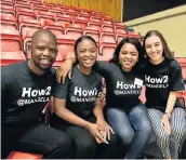  ?? Picture: EUGENE COETZEE ?? LEADING THE WAY: Nelson Mandela University How2Buddie­s, from left, Siyanda Snyman, Sinazo Olekane, Zimkhita Rune and Mikayla Boy assisted and welcomed more than 8,000 first year students along with vice chancellor Sibongile Muthwa at the indoor sports centre on Saturday