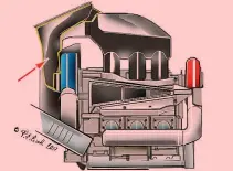  ??  ?? La freccia indica il plenum (cassoncino) collegato al compressor­e, dove si recupera per regolament­o l’olio. Qui si formerebbe una miscela aria-olio che poi si combina con la benzina nell’iniezione