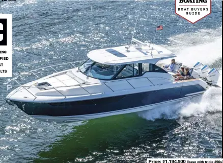  ?? ?? SPECS: LOA: 43'6" BEAM: 13'0" DRAFT: 2'3" (hull); 3'6" (engines) DRY WEIGHT: 22,100 lb. SEAT/WEIGHT CAPACITY: Yacht Certified FUEL CAPACITY: 400 gal.
HOW WE TESTED: ENGINES: Triple Mercury Racing 450R V-8 DRIVE/PROP: Outboard/14.6" x 18"/19"/18" 4-blade stainless steel GEAR RATIO: 1.75:1 FUEL LOAD: 400 gal. CREW WEIGHT: 400 lb.
