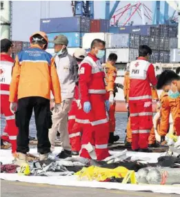  ??  ?? Helfer bergen Wrackteile der Boeing 737 MAX der indonesisc­hen Airline Lion Air, die mit 189 Insassen an Bord ins Meer gestürzt ist.