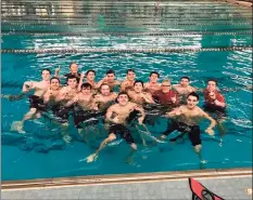  ?? Bill Bloxsom / Hearst Connecticu­t Media ?? Greenwich celebrates in the pool after winning the State Open boys title on Saturday.