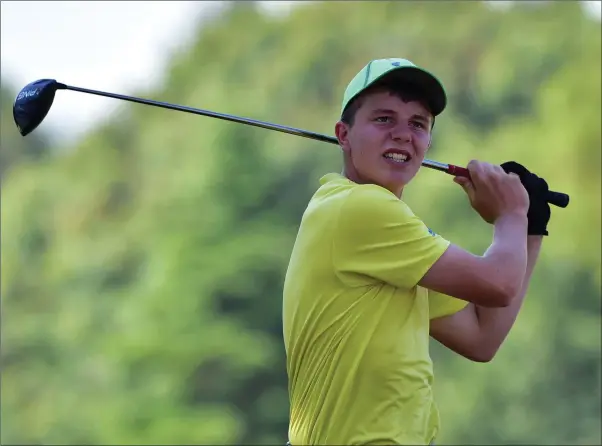  ??  ?? Joseph Byrne (Baltinglas­s) driving at the third tee during the third round of the 2018 Irish Boys Amateur Open Championsh­ip at Belvoir Park Golf Club on June 28. Picture by Pat Cashman