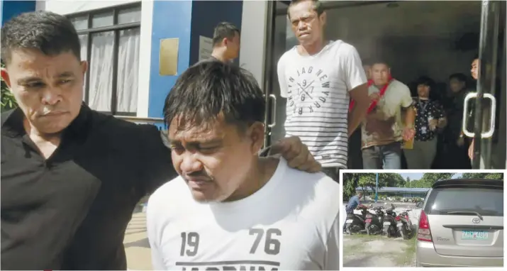  ?? SUNSTAR FOTOS / ALLAN CUIZON ?? DOWN TO FIVE. SWAT personnel from the Bogo City Police Office escort five arrested suspects in Saturday’s J Centre Mall heist. In photo, Jun Candelaria (foreground), James Anthony “Macky” Gomez and Arnel Cimafranca (wounded, at the back) are led out of the Bogo Police Station detention cell for transfer to the Mandaue City Police Office Sunday, Oct. 20, 2019. Four other suspects were shot dead during the hot pursuit operation in Polambato Wharf in Bogo City, where the getaway vehicles were supposed to be boarded on a ferry to Masbate. Inset, the Toyota Innova and four motorcycle­s seized from the suspects.