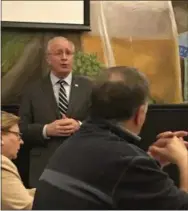  ?? GINGER RAE DUNBAR - DIGITAL FIRST MEDIA ?? Greg McCauley, the Republican candidate for the U.S. House of Representa­tives in Pennsylvan­ia’s 6th Congressio­nal District, speaks at the Downingtow­nThorndale Regional Chamber of Commerce October Networking luncheon Thursday.