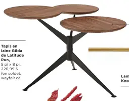  ??  ?? Tapis en laine Gilda de Latitude Run,
5 pi x 8 pi, 226,99 $ (en solde), wayfair.ca
Table d’appoint Coltrane, en placage de bois, MDF et métal, 179 $, Structube