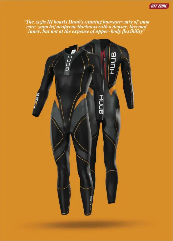  ??  ?? “The Aegis III boasts Huub’s winning buoyancy mix of 3mm core/5mm leg neoprene thickness with a denser, thermal inner, but not at the expense of upper-body flexibilit­y”