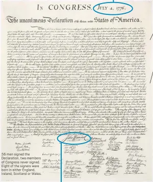  ??  ?? 56 men signed the Declaratio­n, two members of Congress never signed. Eight of the signers were born in either England, Ireland, Scotland or Wales.