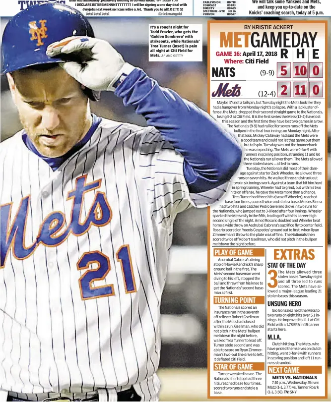  ?? AP AND GETTY ?? It’s a rought night for Todd Frazier, who gets the ‘Golden Sombrero’ with strikeouts, while Nationals’ Trea Turner (inset) is pain all night at Citi Field for Mets.