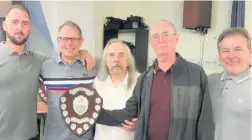  ??  ?? ■ Blue Ball Division One Winners and Kater 4 Knockout Cup Winners Bottom Railway BA From L-R Captain Ben Ashurst, Mark Smith, LDPCDL Committee Member John Monk, Stu Ashurst & Andy Hibbert.