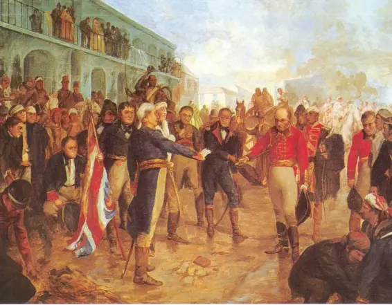  ??  ?? — The Reconquest of Buenos Aires, by Charles Fouqueray, 1909, at the Cabildo de Buenos Aires. The painting depicts the surrender of Beresford to Santiago de Liniers during the British Invasions to the Rio de la Plata, 1806.