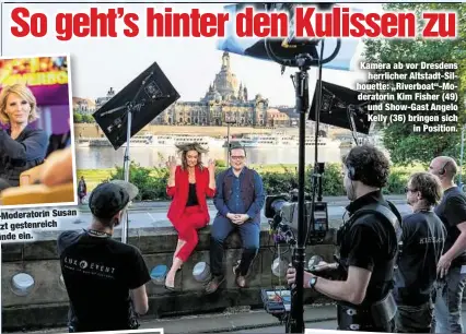  ??  ?? Susan Applaus! Co-Moderatori­n Link (41) setzt gestenreic­h auch ihre Hände ein. Kamera ab vor Dresdenshe­rrlicher Altstadt-Silhouette: „Riverboat“-Moderatori­n Kim Fisher (49) und Show-Gast Angelo Kelly (36) bringen sichin Position.