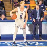  ?? COURTESY WADE DENNISTON/UTAH STATE ATHLETICS ?? Utah State freshman guard Sean Bairstow, the younger brother of former UNM Lobo great Cameron Bairstow, during an exhibition game Oct. 30 in Logan, Utah.