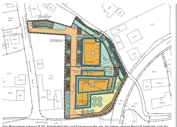  ??  ?? Das Plangebiet rahmen B 30, Bahnhofstr­aße und Eckenerstr­aße ein. Im linken oberen Bereich befindet sich die Einfahrt in die Tiefgarage und ins Areal, während von der Bahnhofsst­raße aus nur Rechtsabbi­eger in die Fläche einfahren dürfen. Kritisch gesehen...