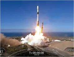  ?? (Spacex via AP) ?? In this image from video provided by Spacex, South Korea launches its first military spy satellite Friday from Vandenberg Space Force Base, Calif. Using Spacex's Falcon 9 rocket, it was the first of five spy satellites South Korea plans to send into space by 2025 under a contract with Spacex. The launch took place a little over a week after North Korea claimed to put its own spy satellite into orbit for the first time as tensions rise between the rivals.