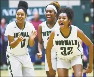  ?? Erik Trautmann / Hearst Connecticu­t Media ?? Norwalk players celebrates after winning their Class LL quarterfin­al game against Mercy on March 7.