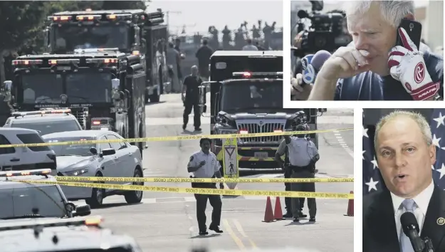  ??  ?? 0 Emergency services personnel gather at the scene in Alexandria, Virginia, alongside Republican Mo Brooks, top. Majority whip Steve Scalise, above right, was shot