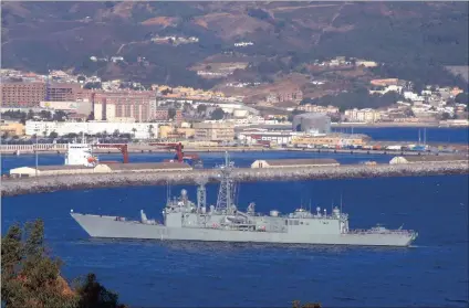  ?? Picture: EPA ?? Spanish frigate Navarra arrives in the port of the enclave of Ceuta, where a Russian navy fleet is expected to dock in the next few days for refuelling. The Spanish government has come under pressure from Nato members not to allow the planned...